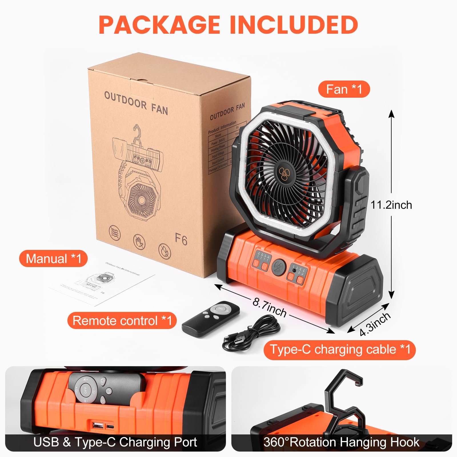 10000mAh Rechargeable Portable Camping Fan with LED Light