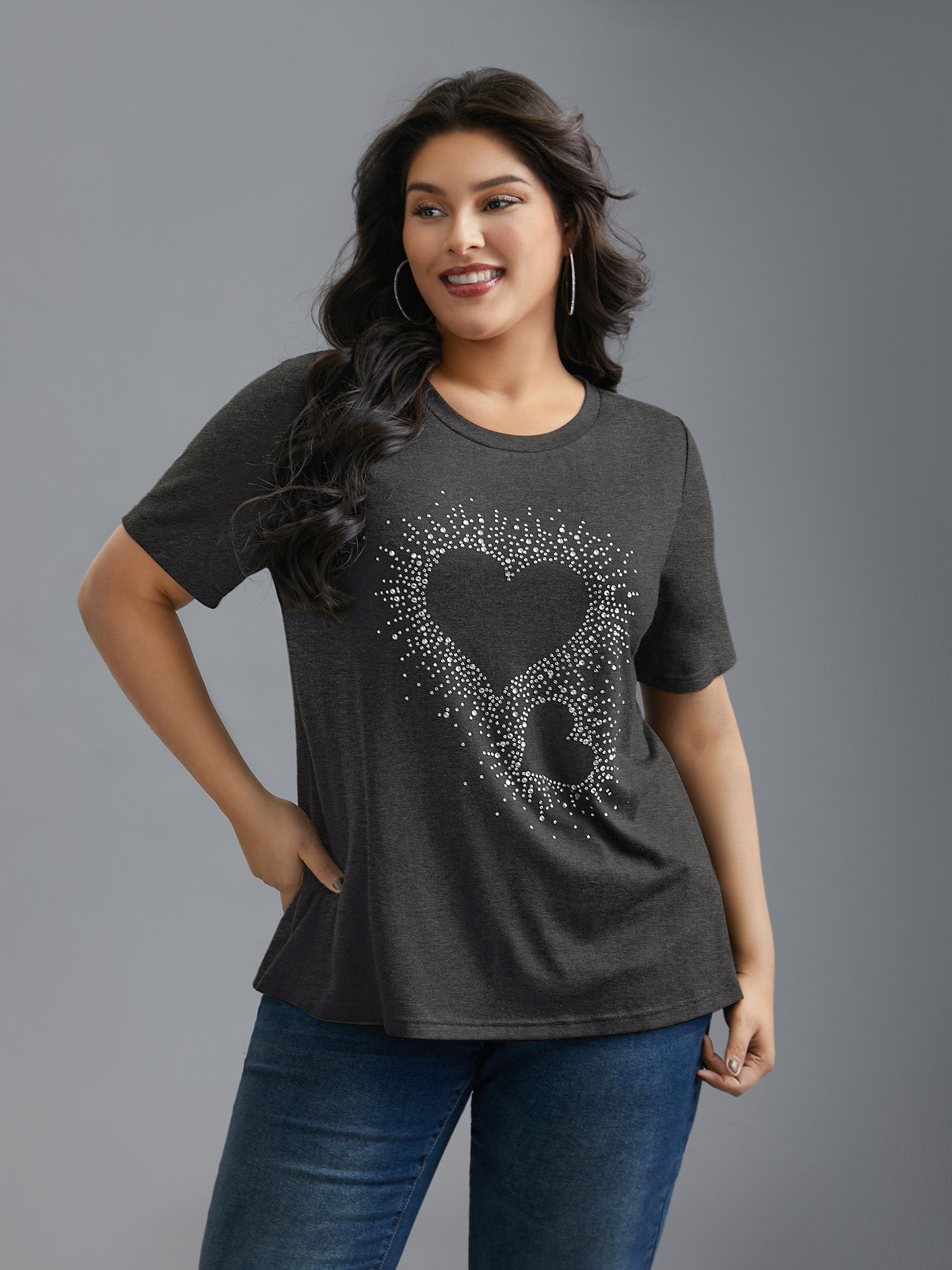 Crew Neck Rhinestone Heart T-Shirt