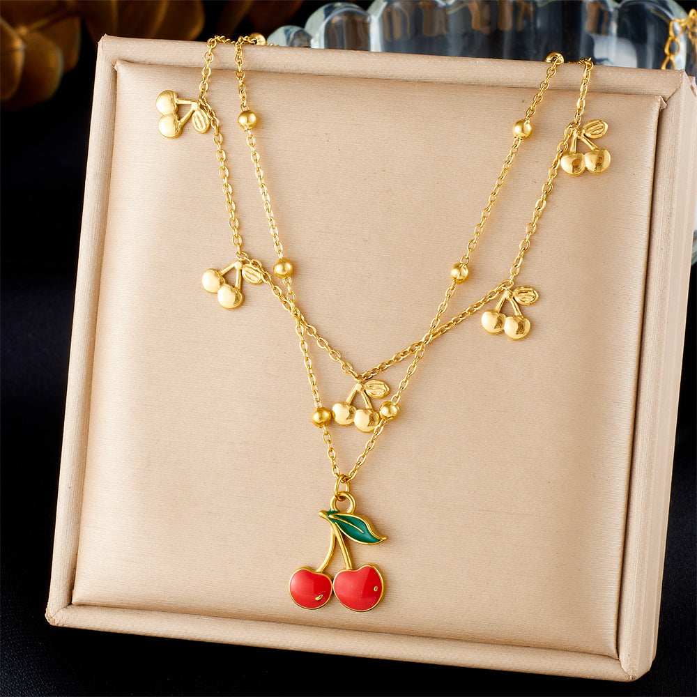 Fashion Cartoon Fruit Series Three-Dimensional Design Red Oil Drop Strawberry Cherry Apple Pendant Necklace
