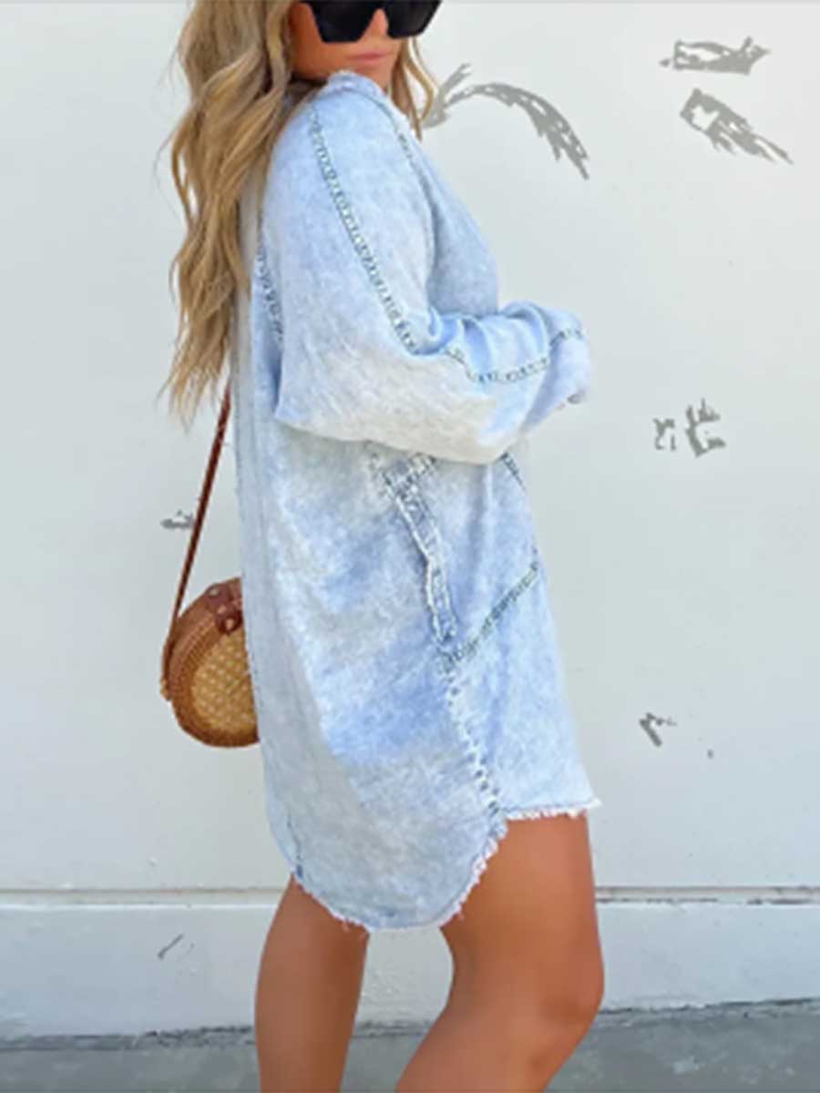 V-neck Washed Loose Shirt Denim Skirt