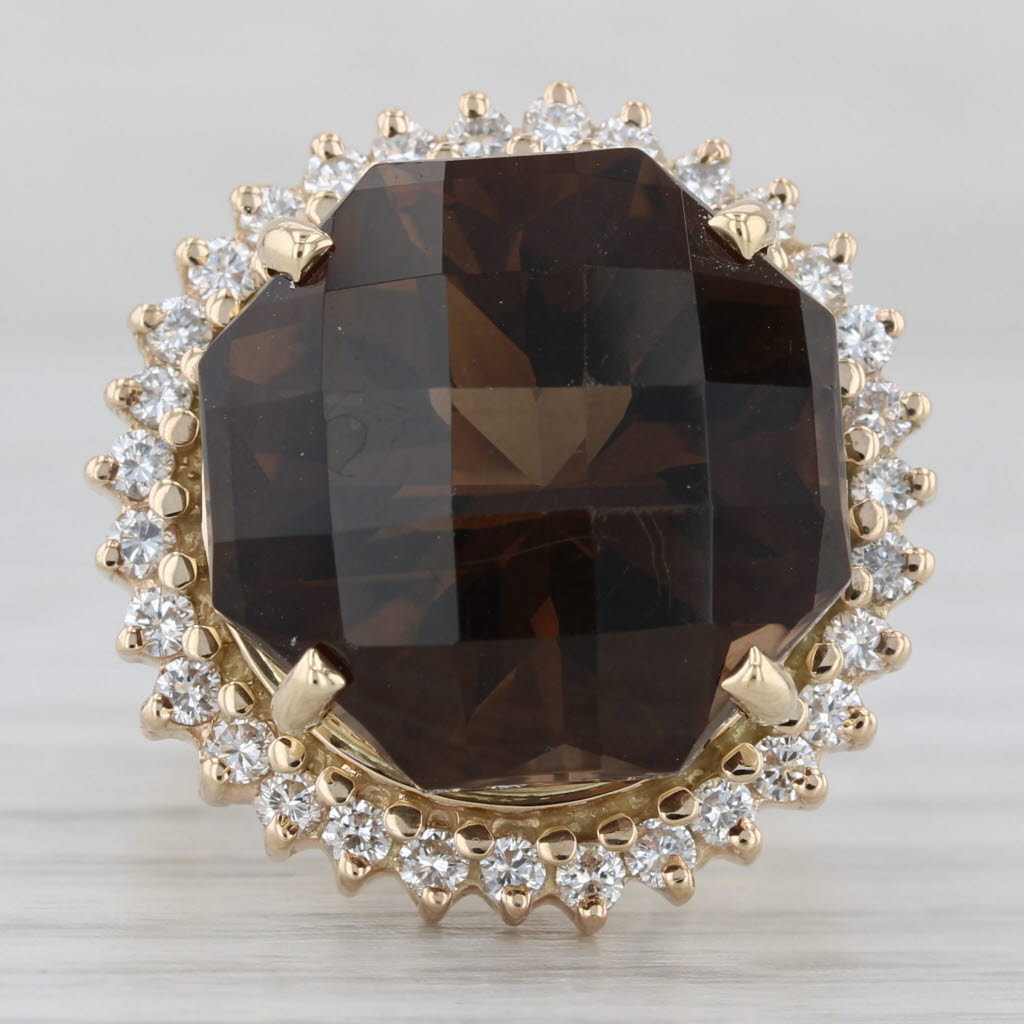 18.4ctw Smoky Quartz Diamond Halo Ring 14k Yellow Gold Size 7 Cocktail