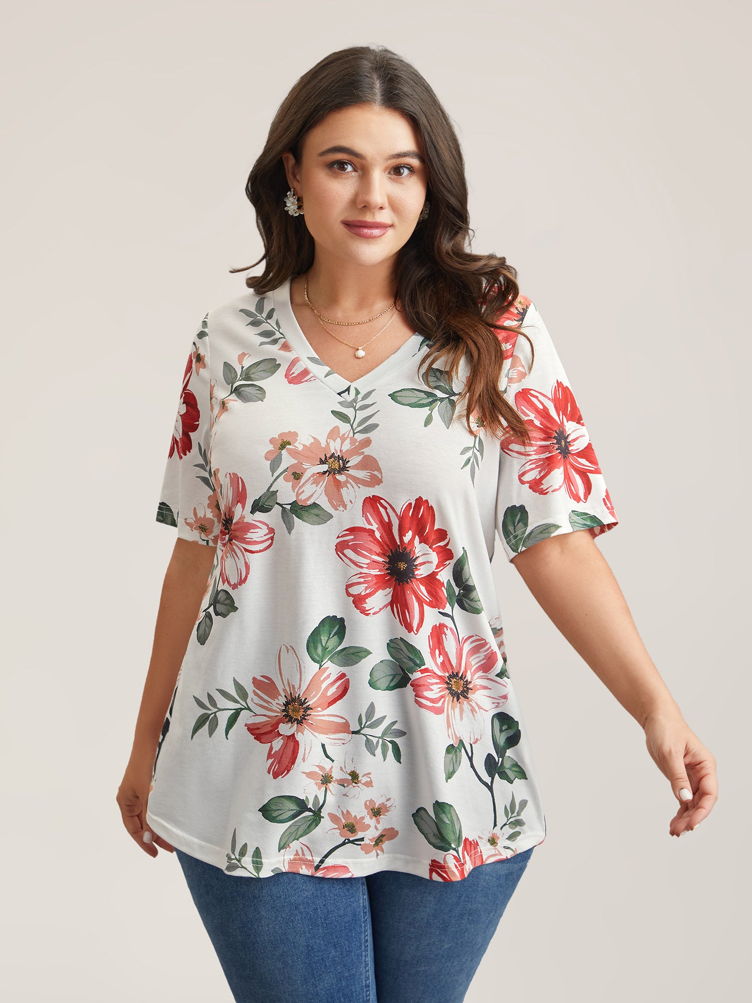 Multi-Color Floral Print V-Neck T-Shirt