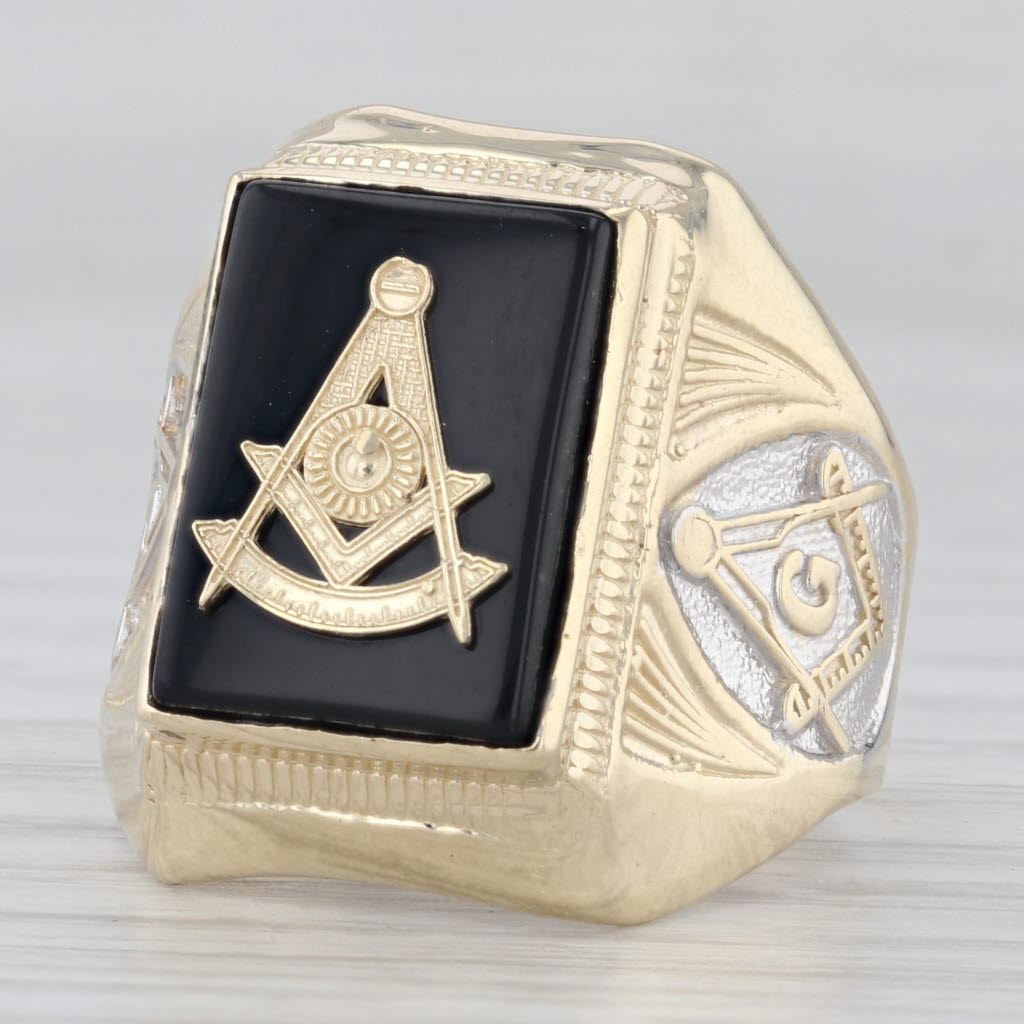 Past Master Mason Signet Ring 10k Gold Onyx Square Compass Sun Masonic Size 9