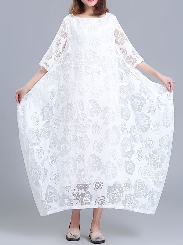A-Line Half Sleeves Flower Print See-Through Solid Color Round-Neck Midi Dresses