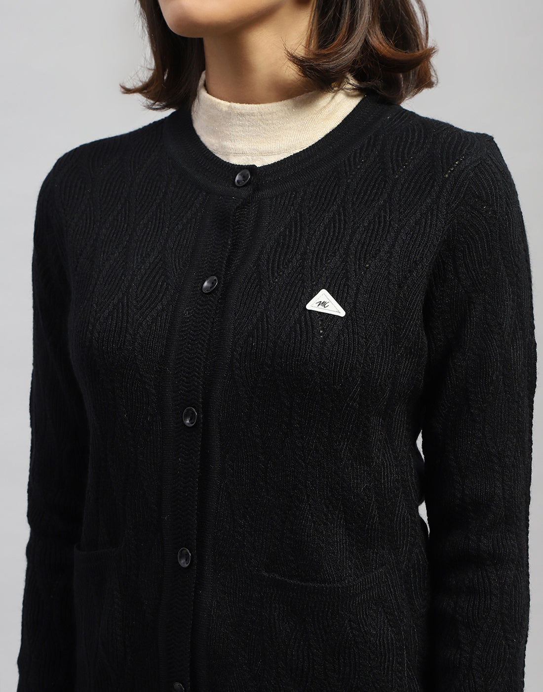 Women Black Self Design Round Neck Full Sleeve Cardigan