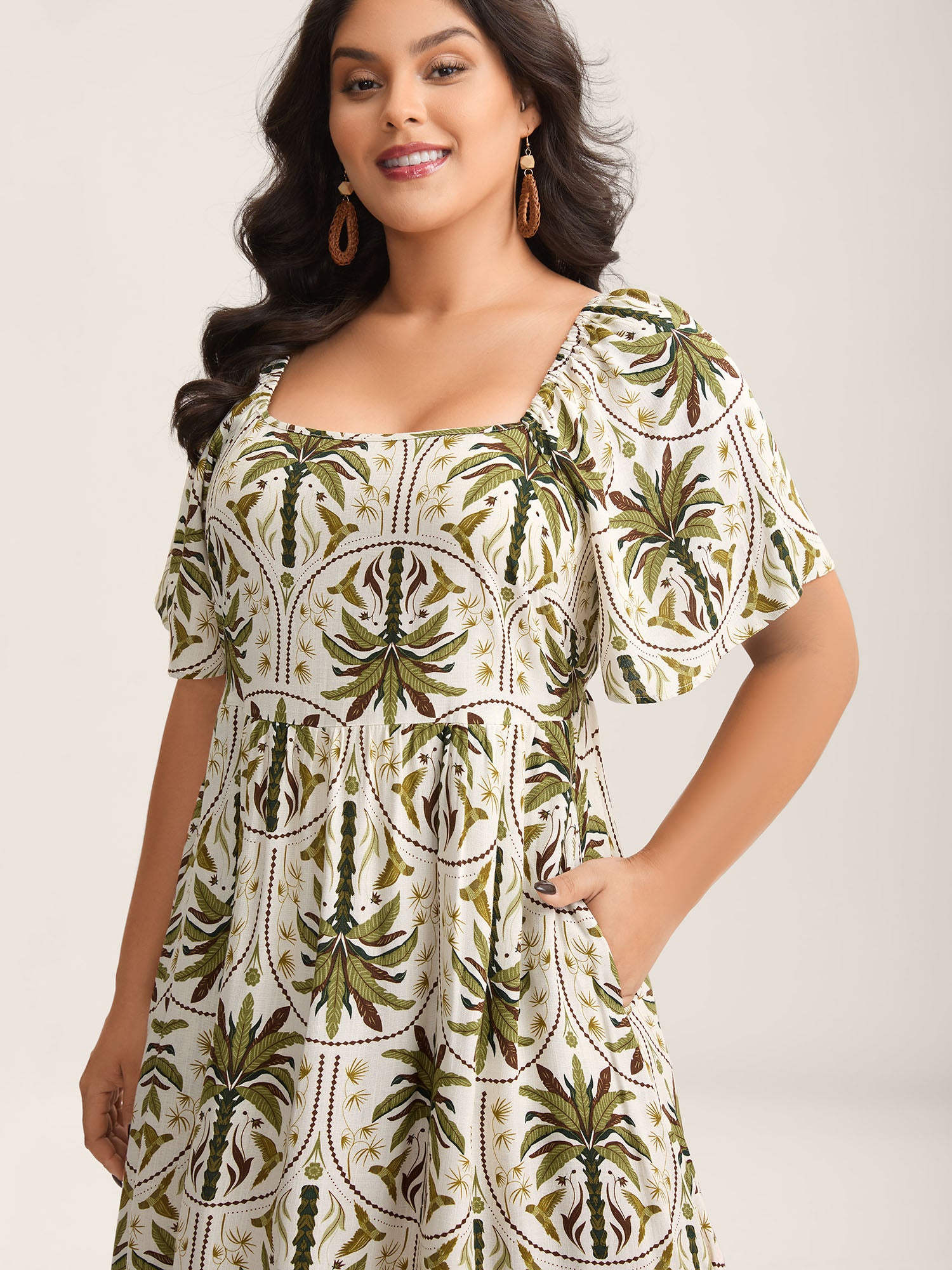 Tropical Print A-Line Slit Midi Dress