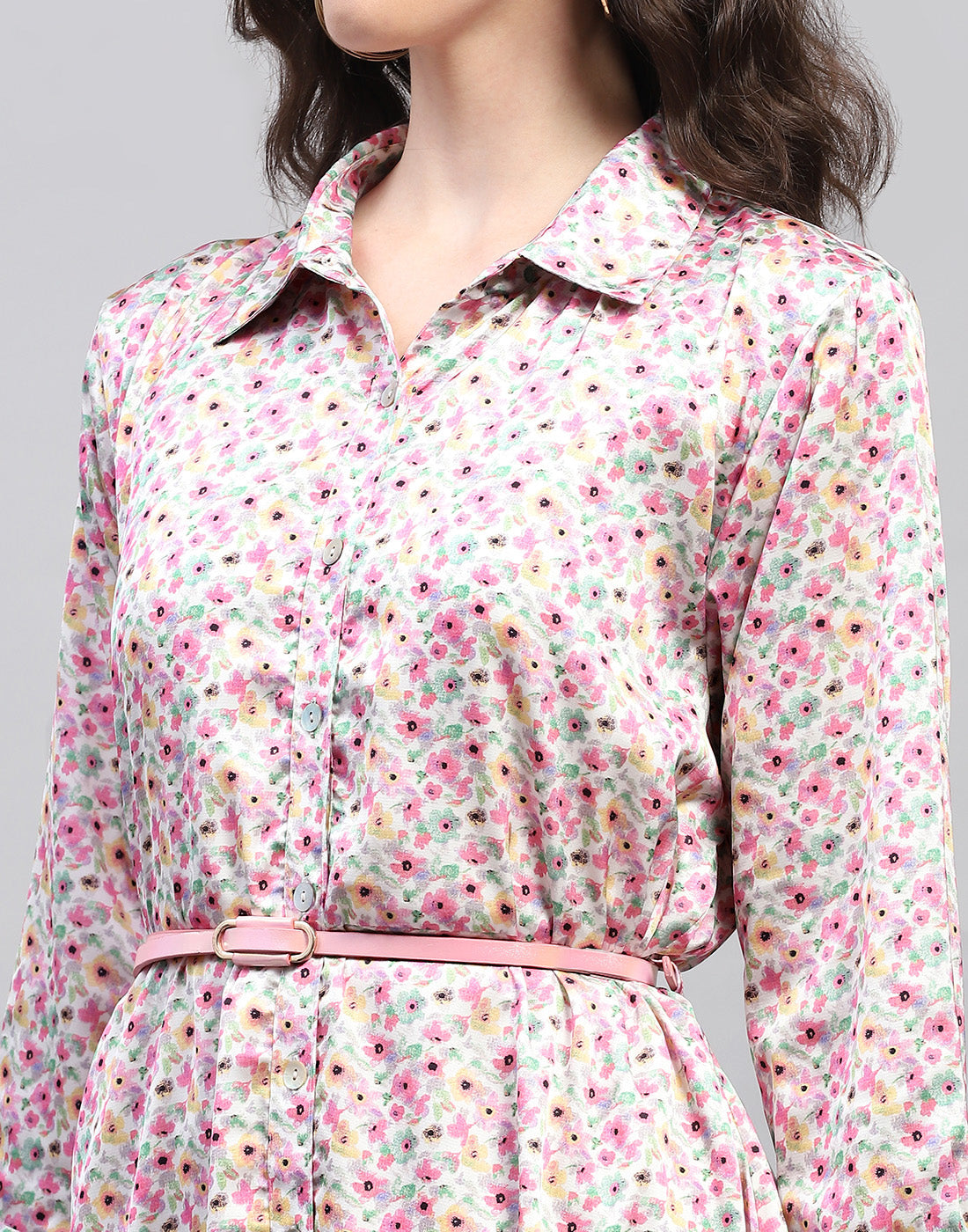 Women Pink Floral Print V Neck 3/4 Sleeve Dress