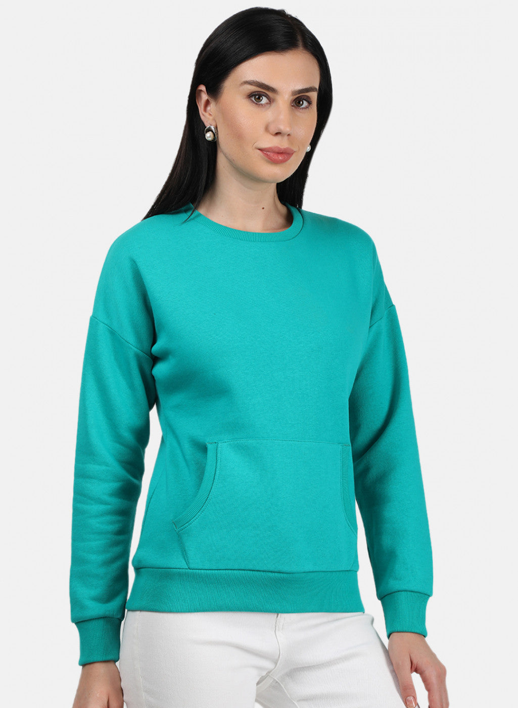 Women Green Plain Sweatshirt