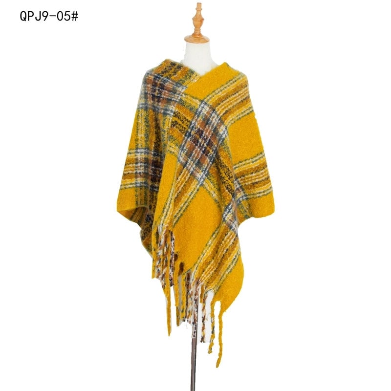 Hot Style New Autumn And Winter Women's Shawl Thick Tassel Loop Yarn Large Plaid Cloak