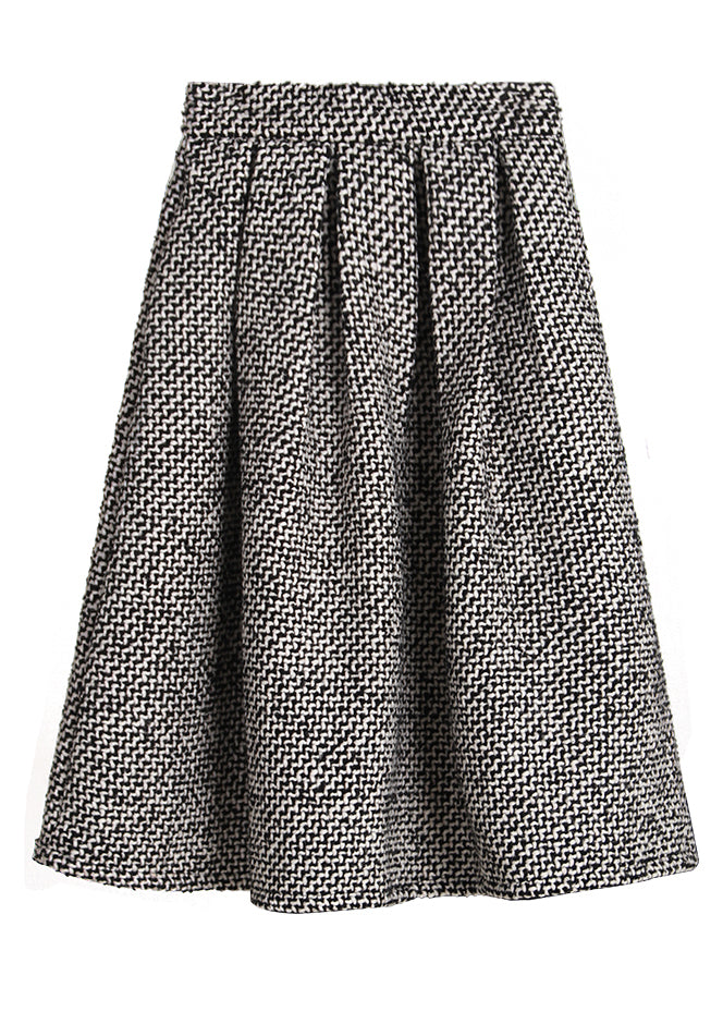 Simple Black White Plaid High Waist Woolen A Line Skirts Spring