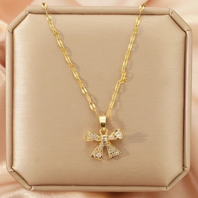 3 Pieces Lady Heart Shape Flower Titanium Steel Plating Inlay Zircon Gold Plated Pendant Necklace