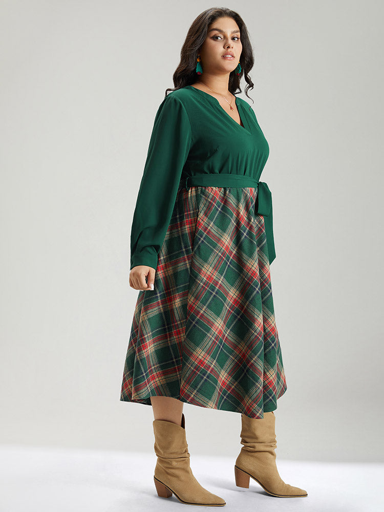 Twill Plaid Print Notched Contrast Belted Dress