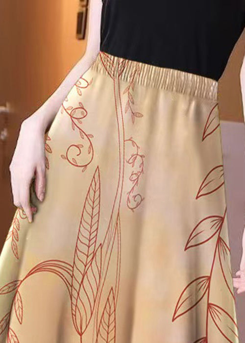 New Khaki Print Elastic Waist Cotton Skirt Summer