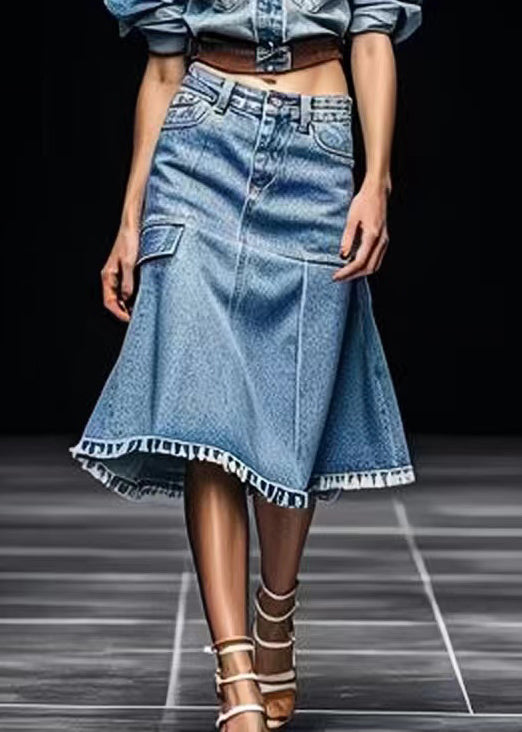 French Blue Pockets High Waist Patchwork  Skirt Summer