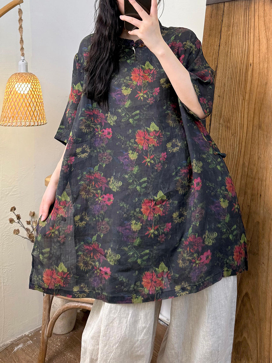 Women Summer Retro Flower Ramie Stand Collar Long Shirt