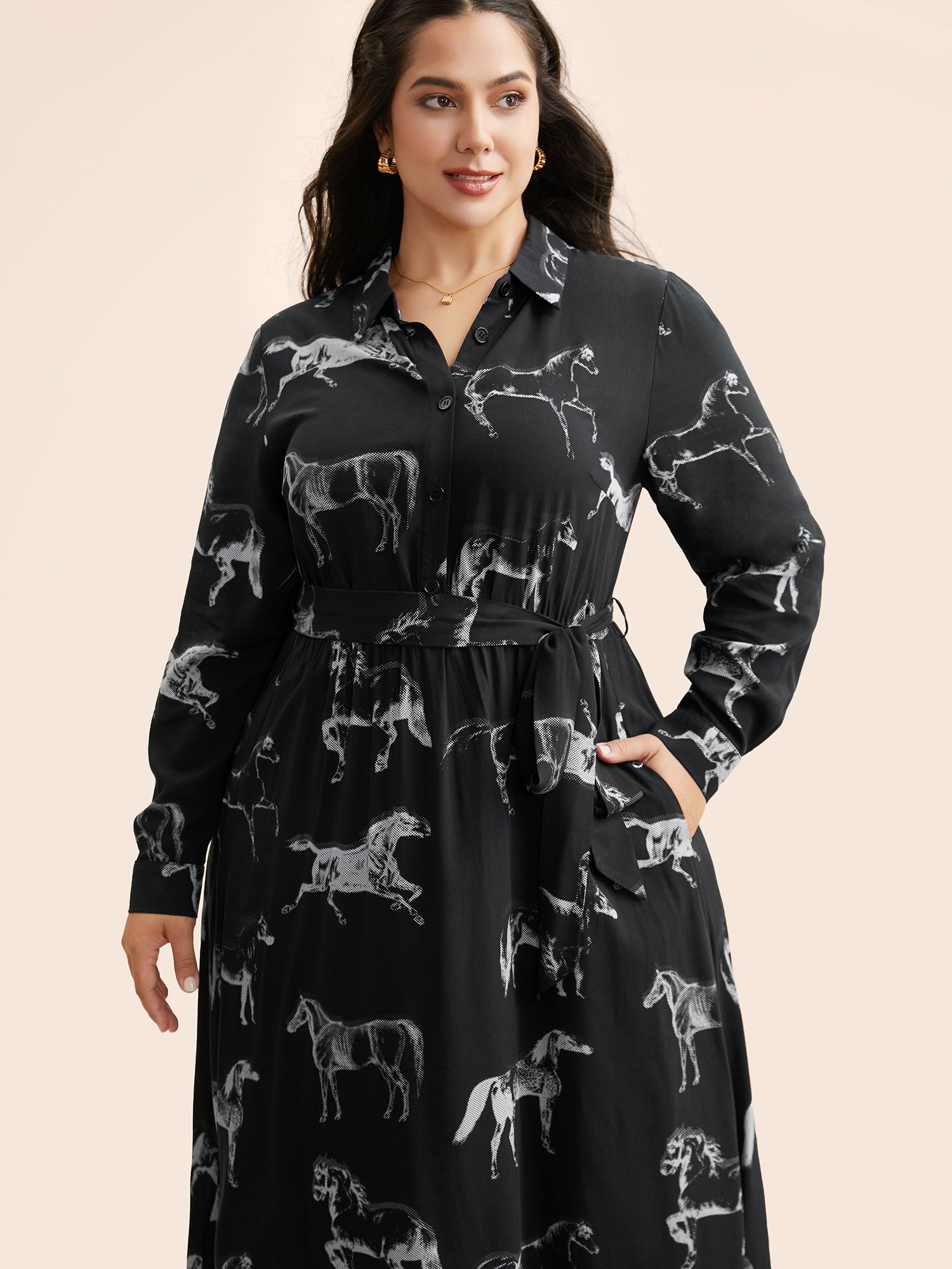 Horse Print Belted Midi Dress