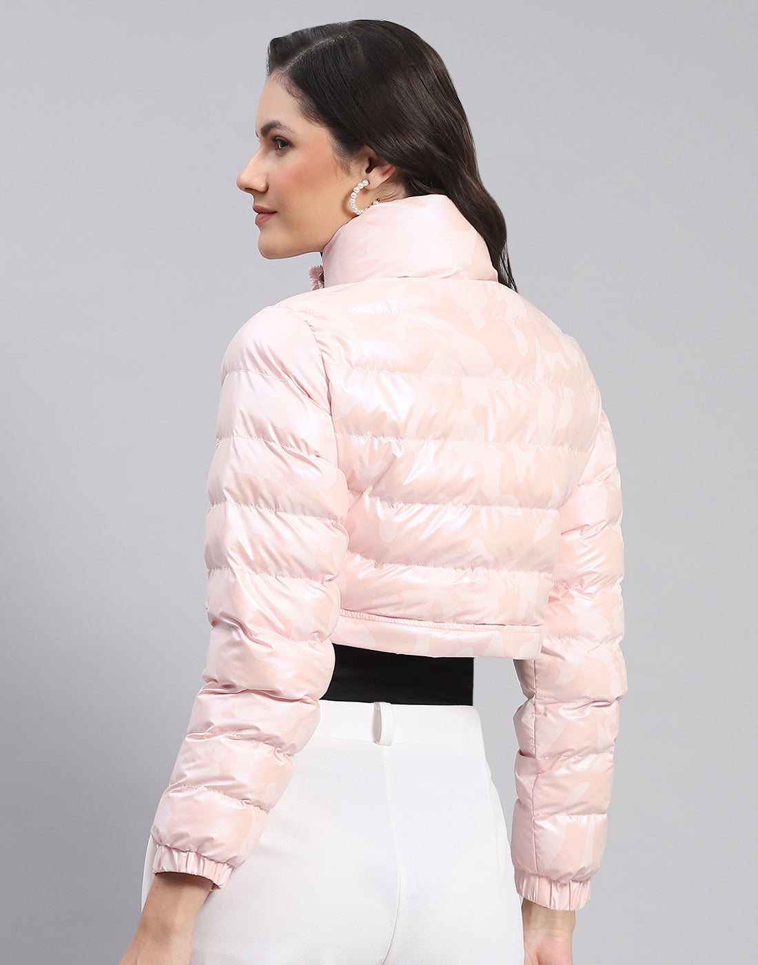 Women Pink Solid Stand Collar Full Sleeve Jacket