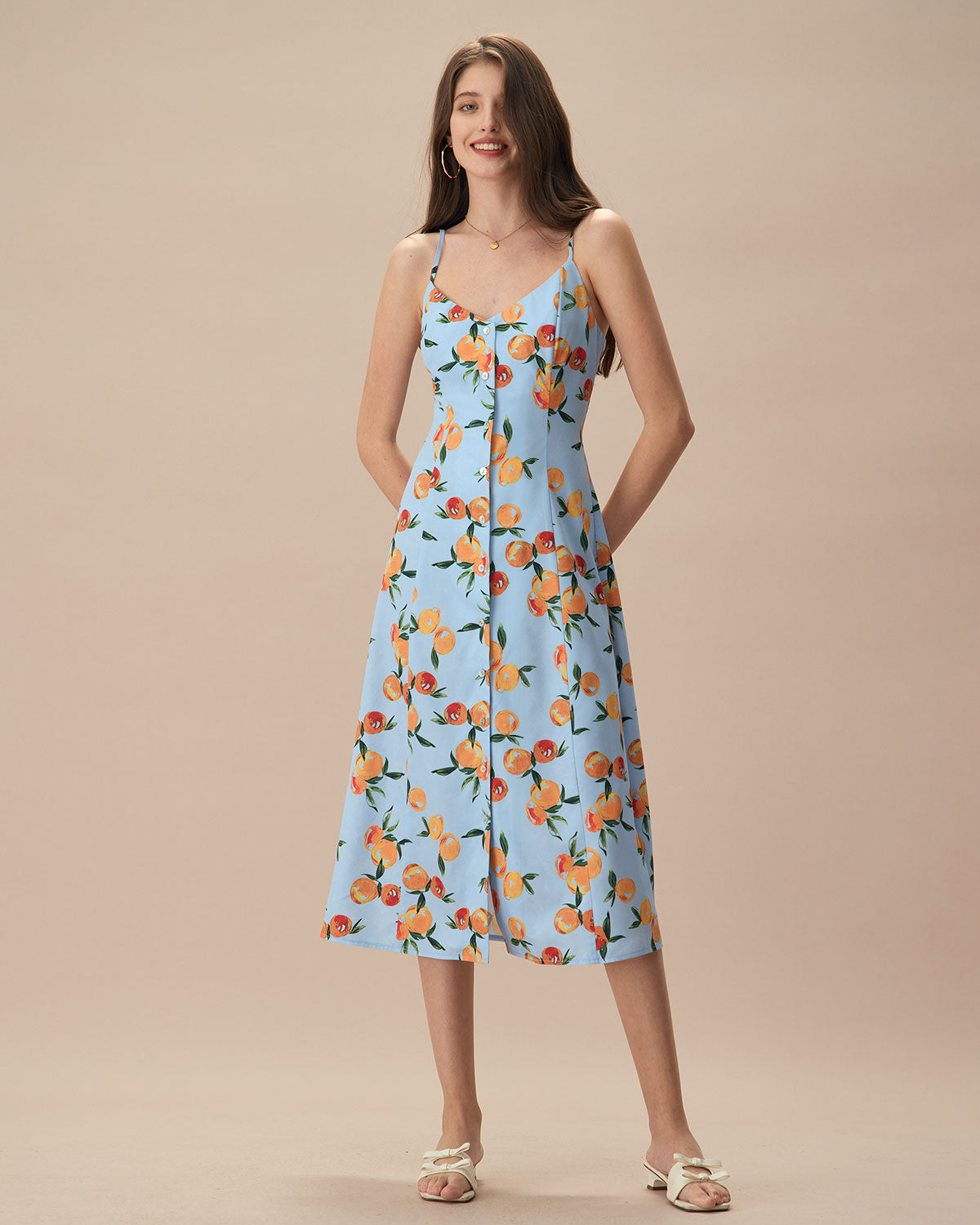 Women's Blue Fruit Print Slip Midi Dress