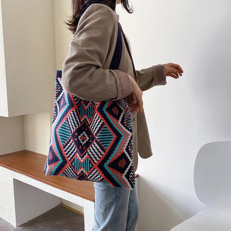 Women's Ethnic Style Color Block Knit Shopping Bags