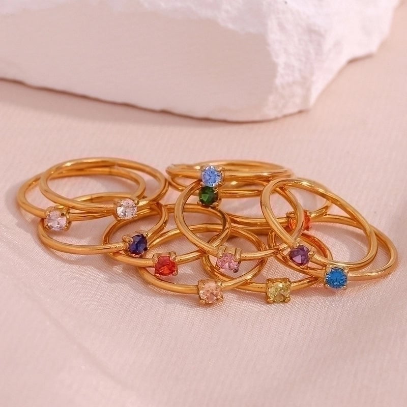 Fashion Round 304 Stainless Steel Artificial Gemstones Birthstone 18K Gold Plated Plating Inlay Rings