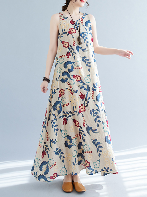 Loose Sleeveless Floral Printed Round-Neck Maxi Dresses