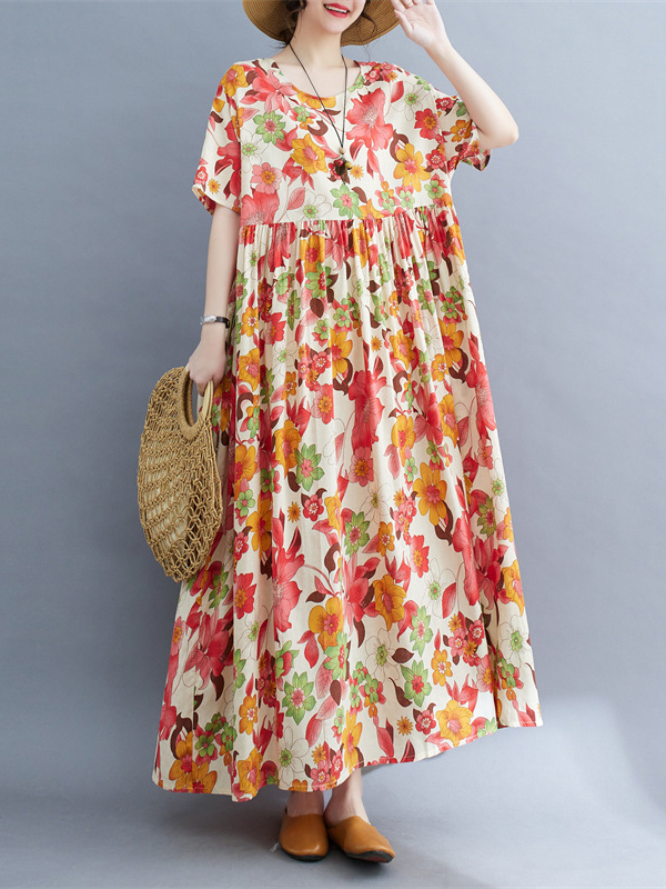 Loose Short Sleeves Pleated Printed Split-Joint Round-Neck Midi Dresses