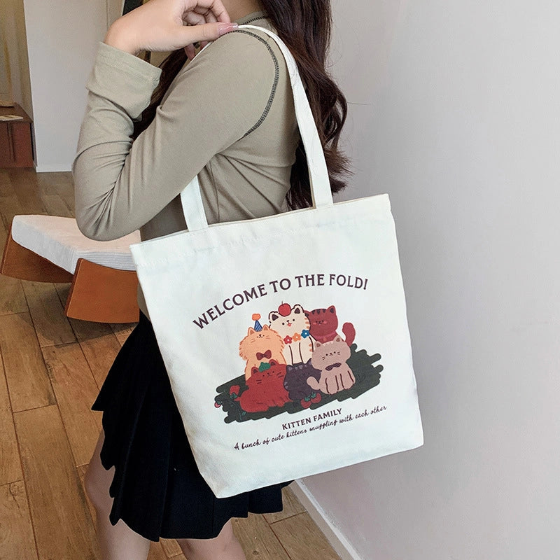 Women's Medium Canvas Cartoon Cute Square Zipper Shoulder Bag