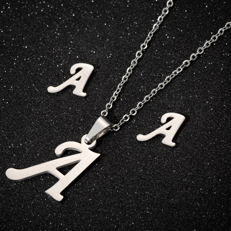Women's Fashion Minimalist Letter Stainless Steel Pendant Necklace Ear Studs Plating Jewelry Sets