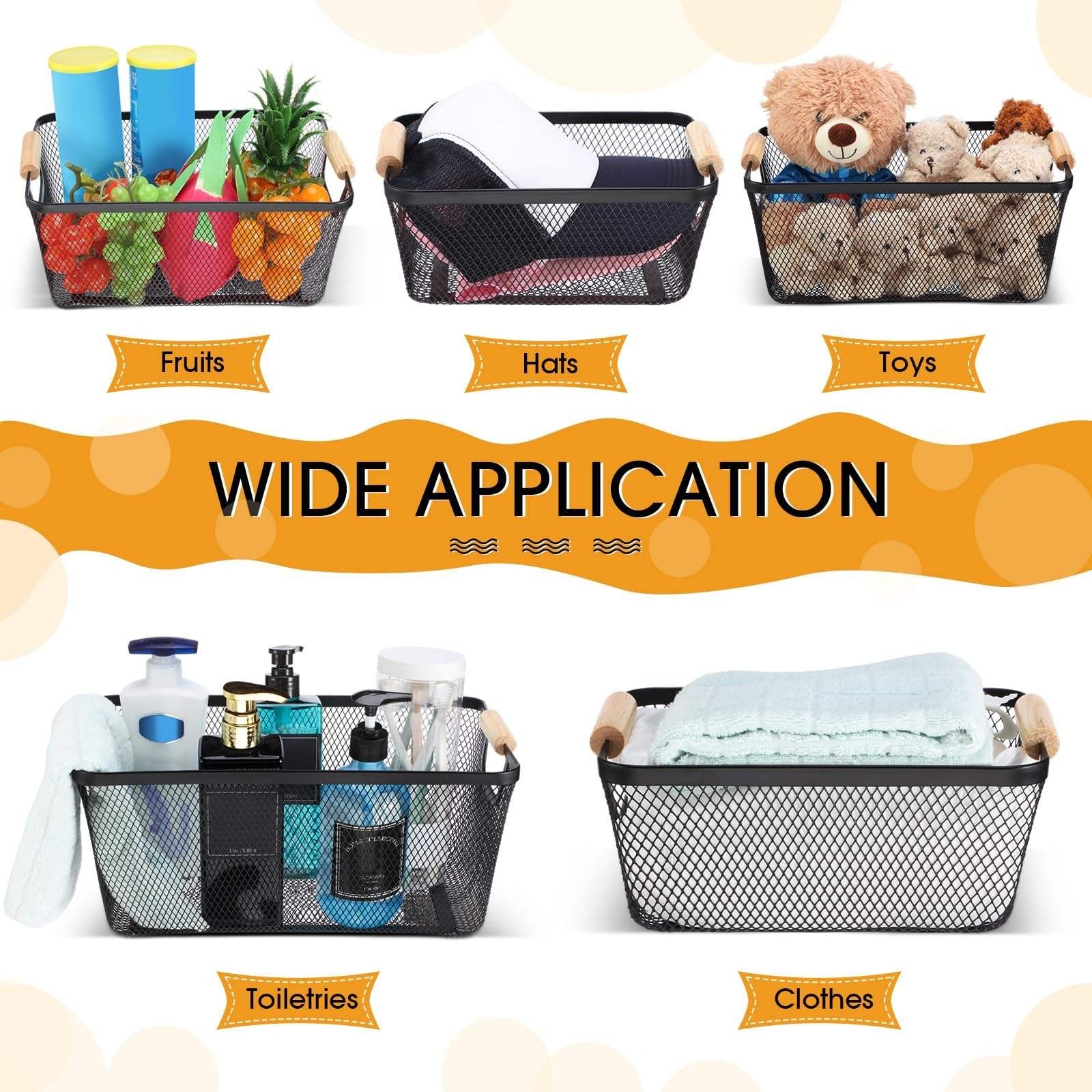 Steel Mesh Storage Organizer Basket. Multifunctional Metal Wire Hanging Kitchen Baskets. Fruit Basket with Wooden Handle. Ideal for Kitchen. Bathroom. Pantry. Cabinet. Home
