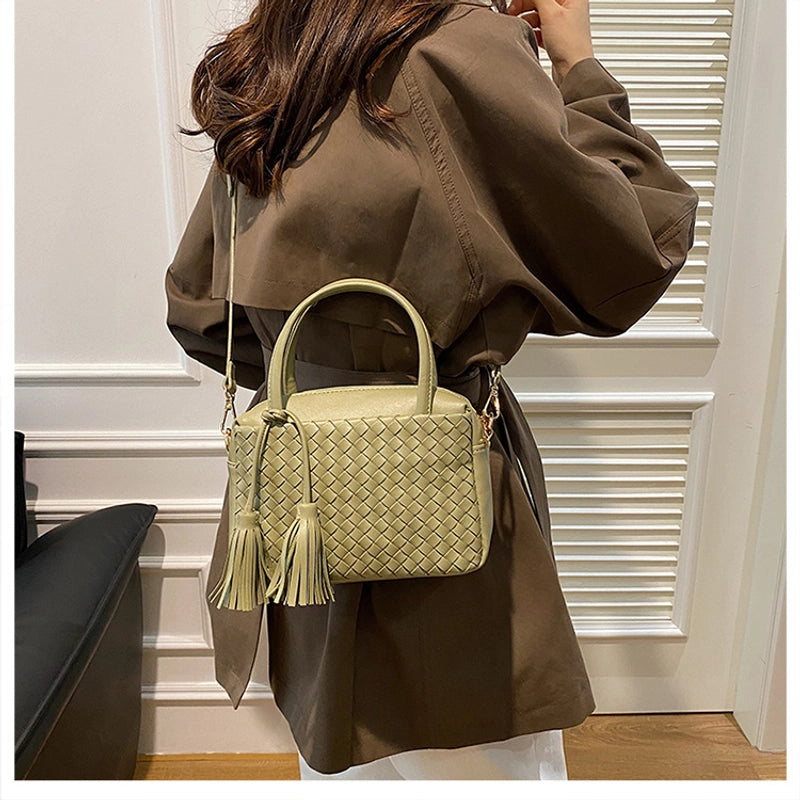 Women's Pu Leather Solid Color Basic Tassel Weave Square Zipper Handbag Crossbody Bag