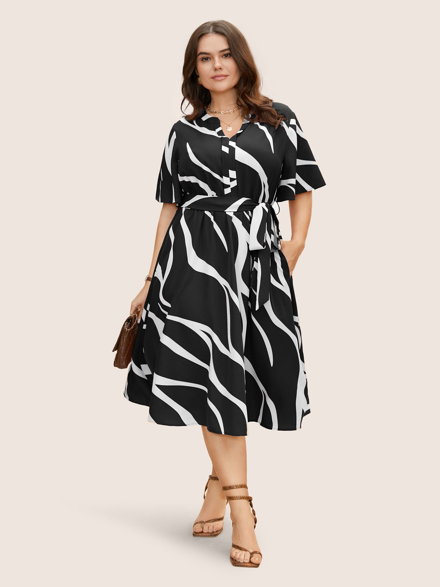 Geometric Surplice Neck Tie Knot Midi Dress