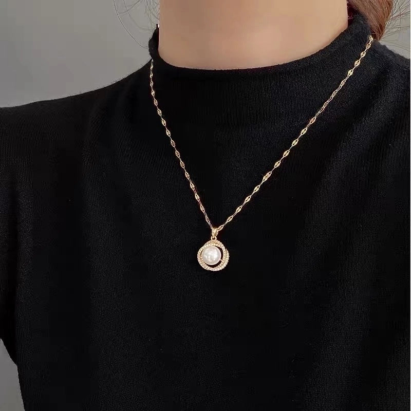 Elegant Round Titanium Steel Artificial Pearls Zircon Rings Necklace
