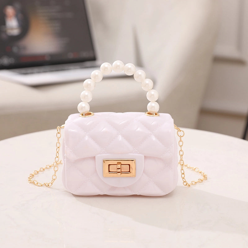 Women's PVC Solid Color Cute Beading Pearls Square Lock Clasp Crossbody Bag