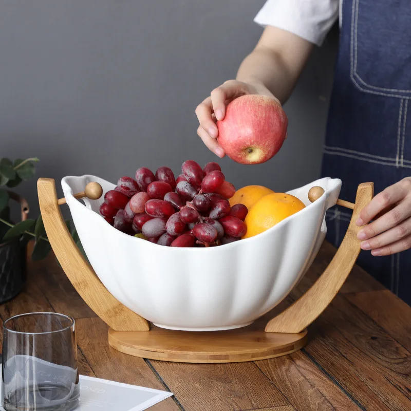 HANGING CERAMIC SALAD BOWL WITH BAMBOO STAND PORCELAIN FRUIT DESSERT TABLEWARE