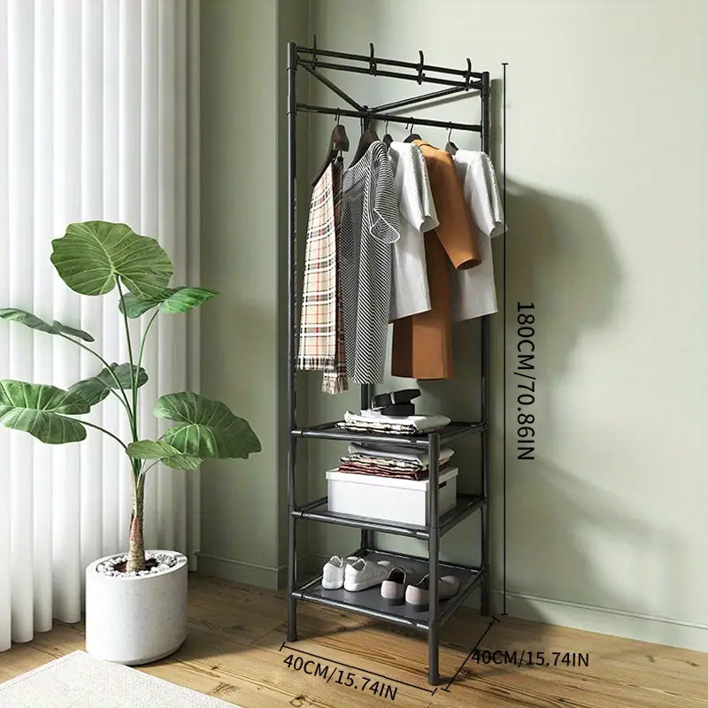 1pc Corner Coat Rack. Free Standing Coat Rack. With 3 Layers Storage Shelves And 4 Double Hooks. Living Room. Bathroom. Hallway Shoe Rack Organizer