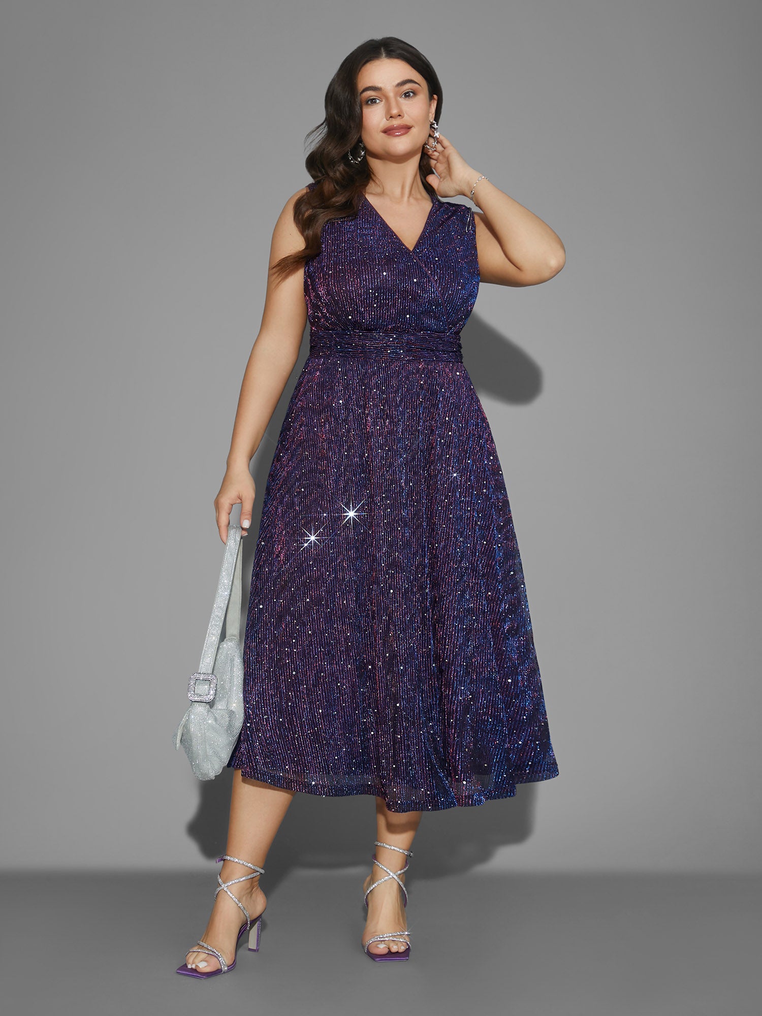 Sequin Surplice Neckline Sleeveless Midi Dress