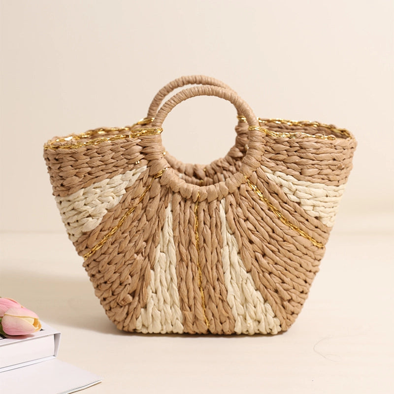 Women's Medium Straw Color Block Vacation Classic Style Weave Bucket Open Straw Bag