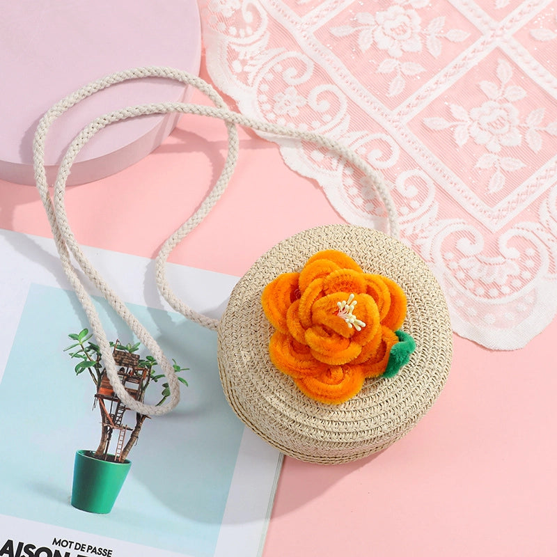 Women's Small Straw Solid Color Flower Vacation Beach Weave Round Zipper Straw Bag