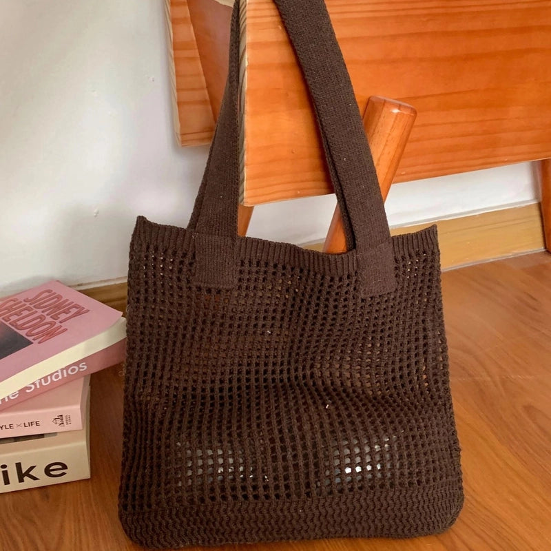 Women's Medium Knit Solid Color Basic Beach Weave Hollow Open Shoulder Bag