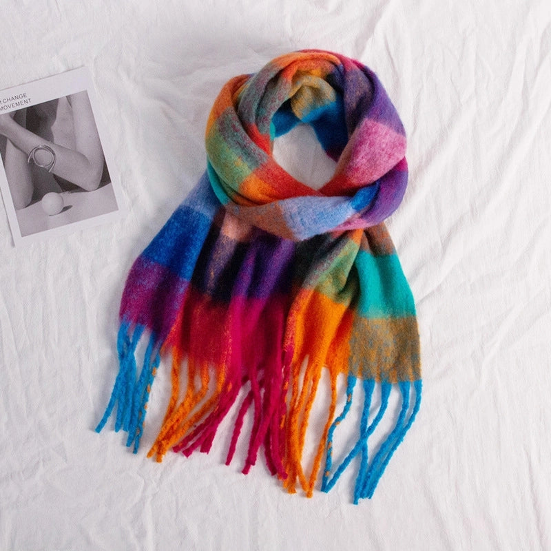 Autumn And Winter New Thick Warm Color Plaid Scarf Loop Yarn Thick Tassel Color Matching Ac Shawl Scarf Women