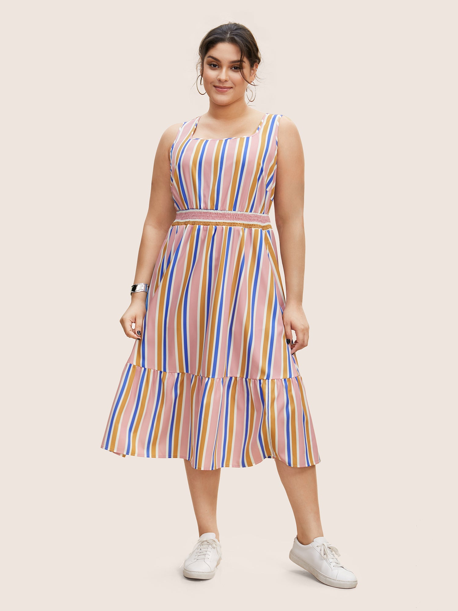 Contrast Striped Shirred Ruffle Hem Midi Dress