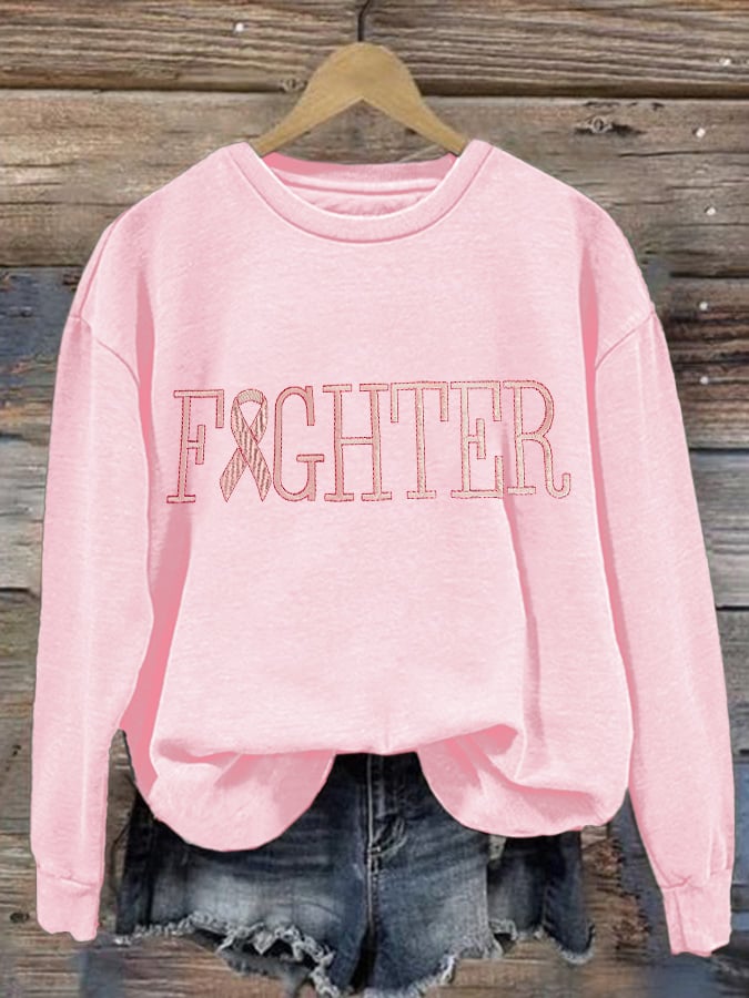 Retro Breast Cancer Awareness Pink Ribbon Fighter Print Sweatshirt