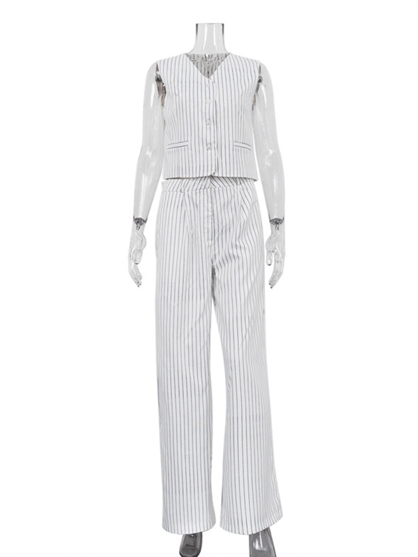 Loose Sleeveless Buttoned Striped V-Neck Vest Top + Pockets Pants Bottom Two Pieces Set