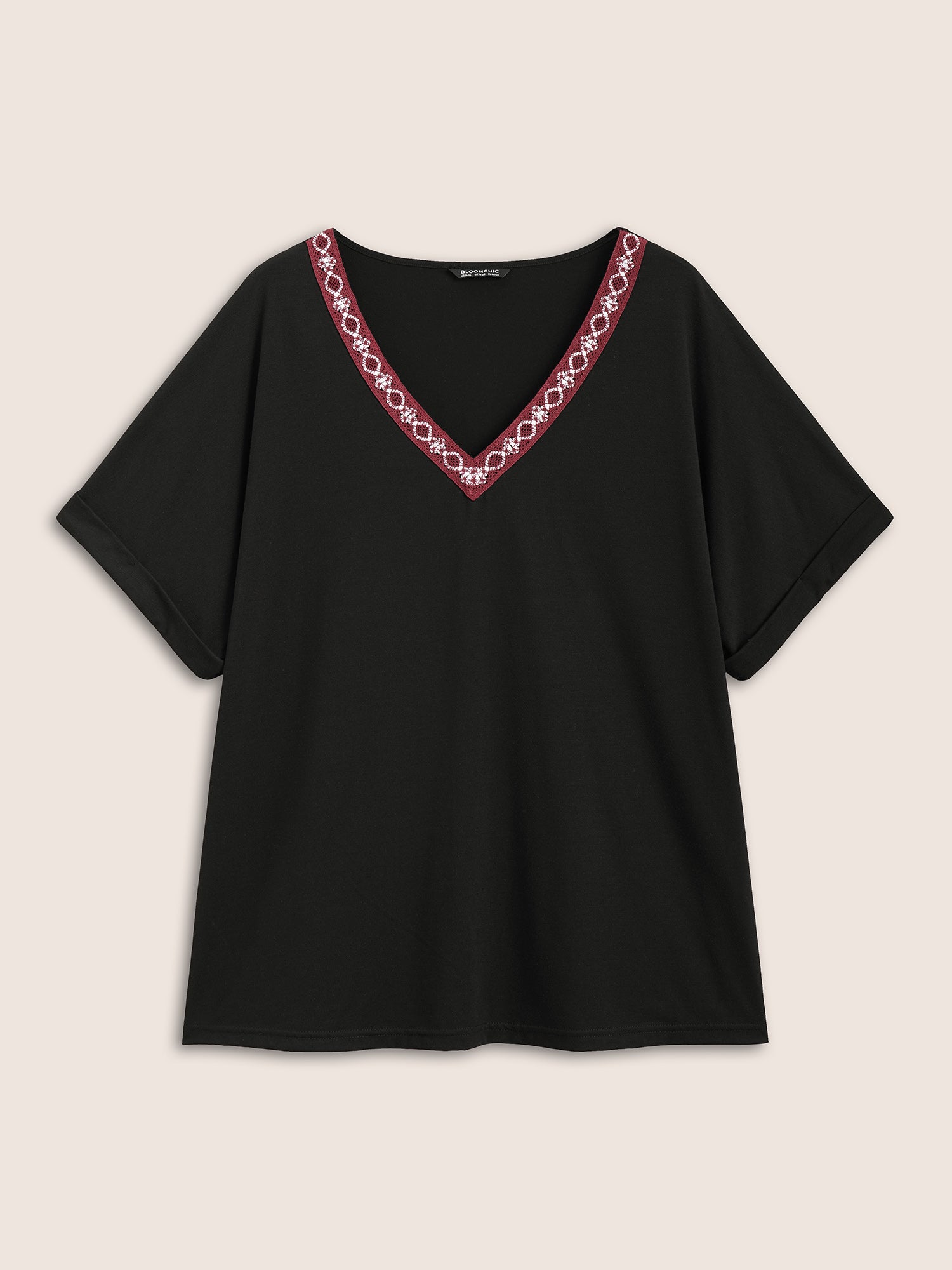 V Neck Block Weave Trim Batwing Sleeve T-shirt