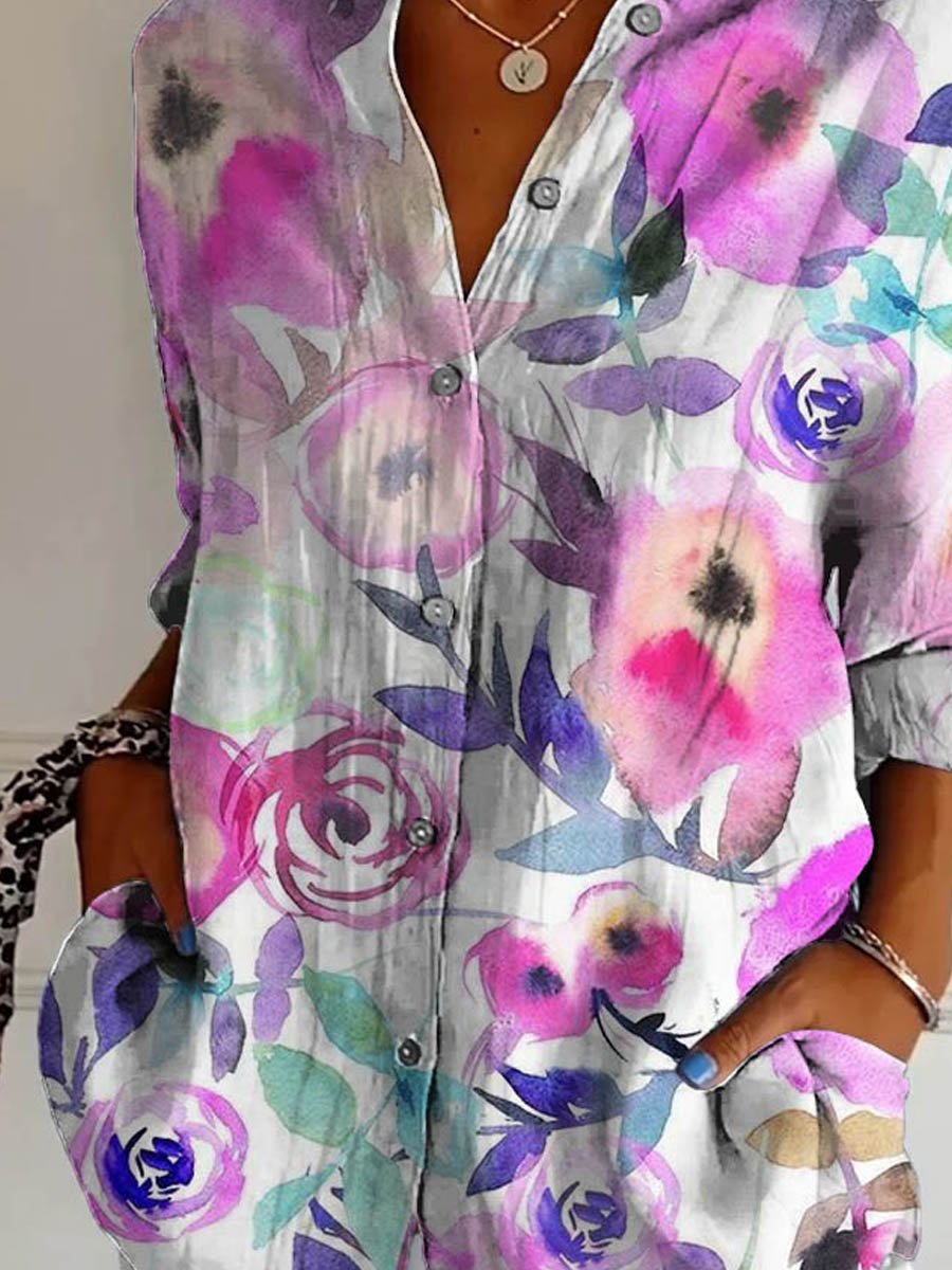 Women's Lovely Floral Breast Cancer Awareness Art Print Casual Cotton Shirt