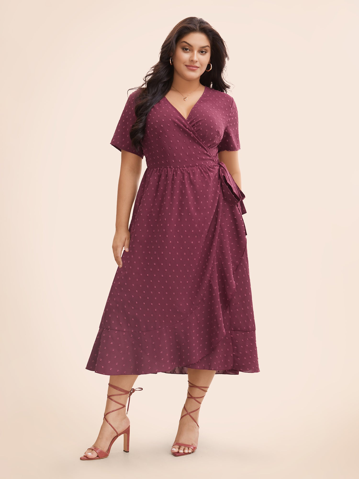 Plain Overlap Collar Ruffle Trim Tie Knot Dress