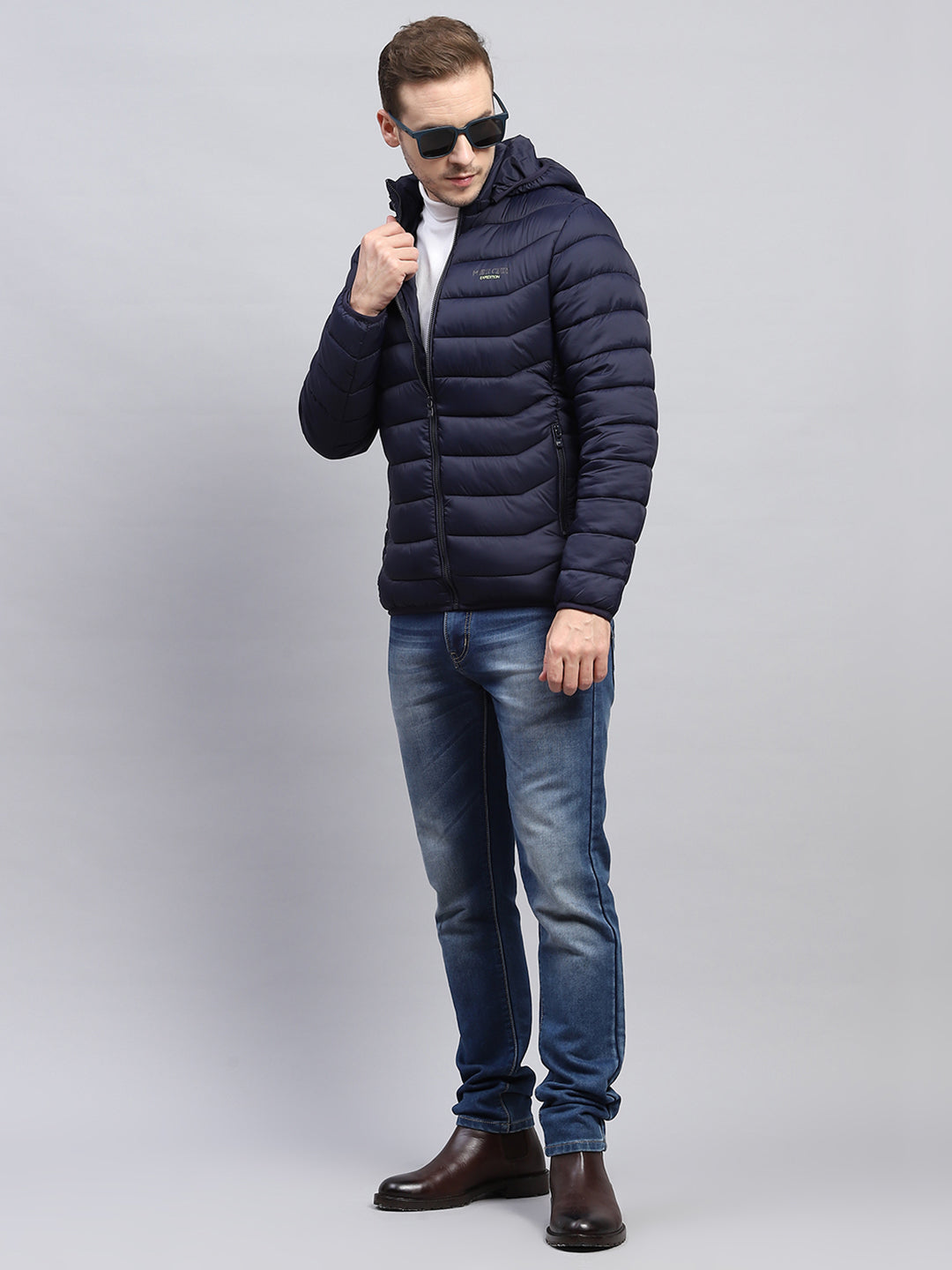 Men Navy Blue Solid Hooded Full Sleeve Jacket