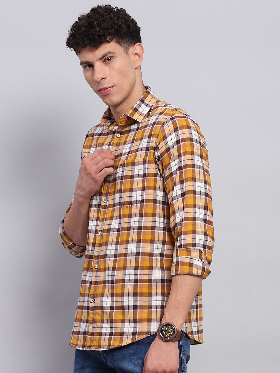 Men Yellow Check Collar Full Sleeve Shirt