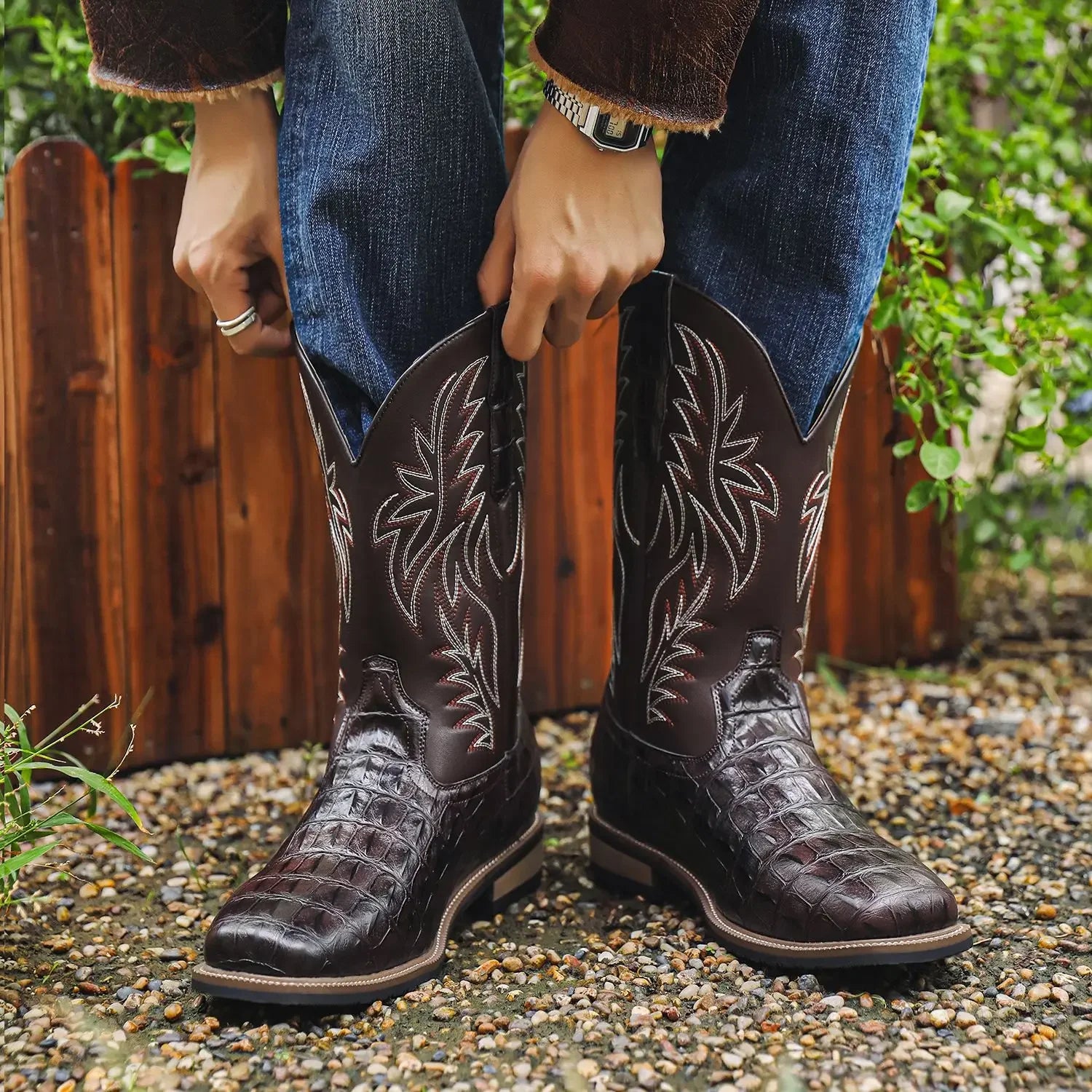 Mens Western Cowboy Boots Square Toe Embroidered Mid-Calf Crocodile