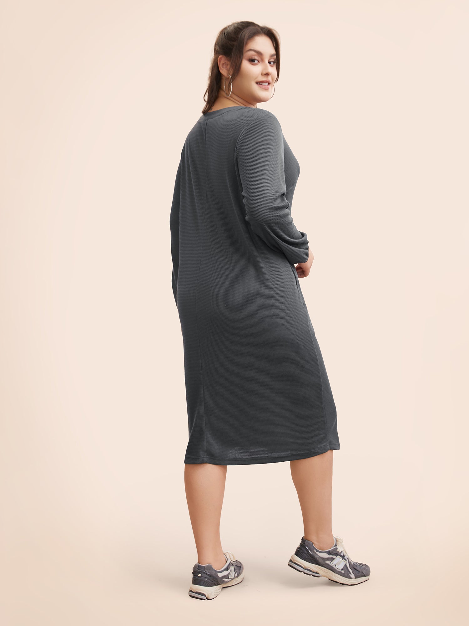 Notched Waffle Knit Button Detail Dress